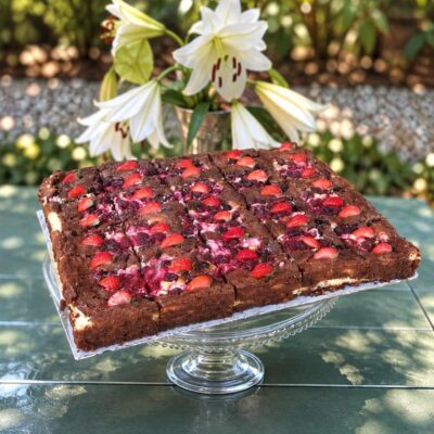 Sernik brownie z malinami